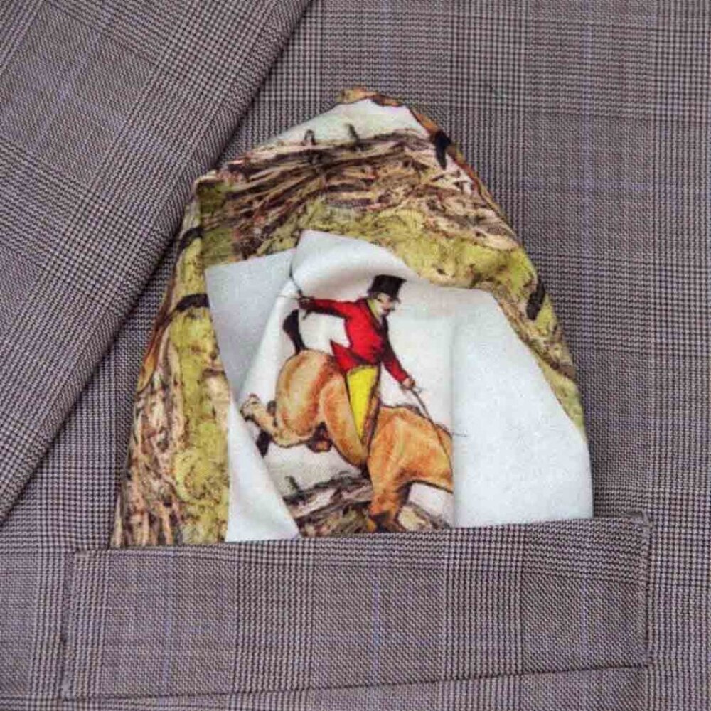 Gascoigne Hand Stitched Cotton Pocket Square Equestrian Fox Hunt Pattern